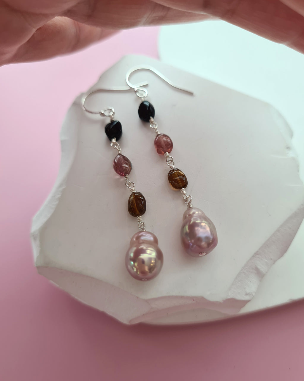 Metallic Baroque Pearl Earrings with Tourmaline Beads, Sterling Silver Pearl Jewelry in Singapore