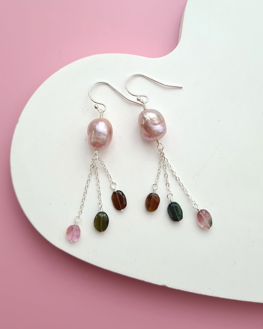 Metallic Baroque Pearl Earrings with Tourmaline Tassel, Pearl Jewelry in Singapore