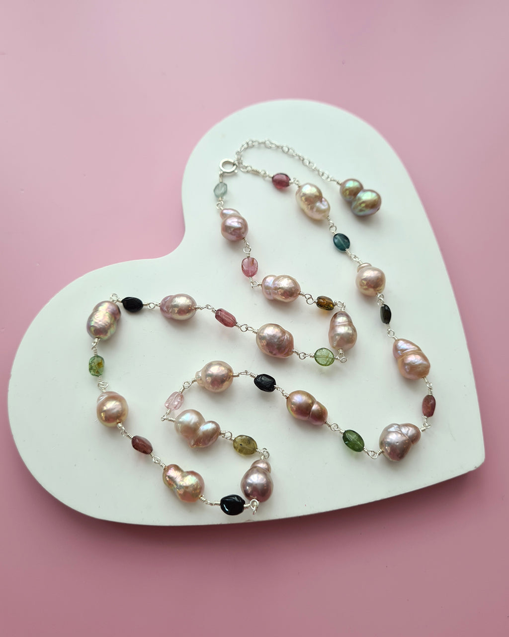 Metallic Baroque Pearl Necklace with Tourmaline Beads Sterling Silver Pearl Jewelry in Singapore