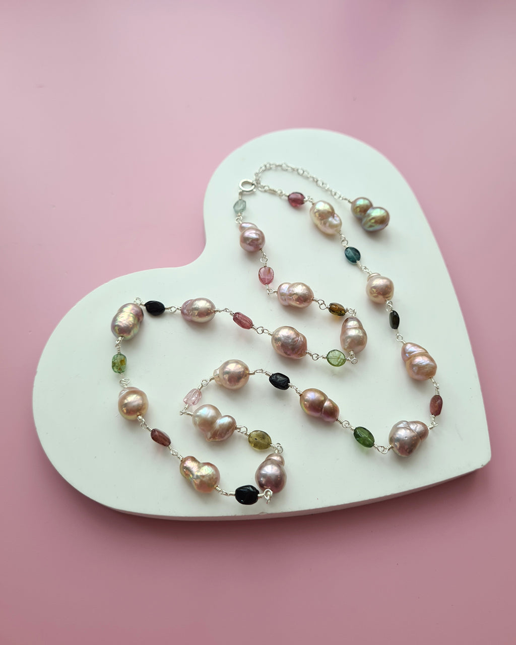 Metallic Baroque Pearl Necklace with Tourmaline Beads Sterling Silver Pearl Jewelry in Singapore