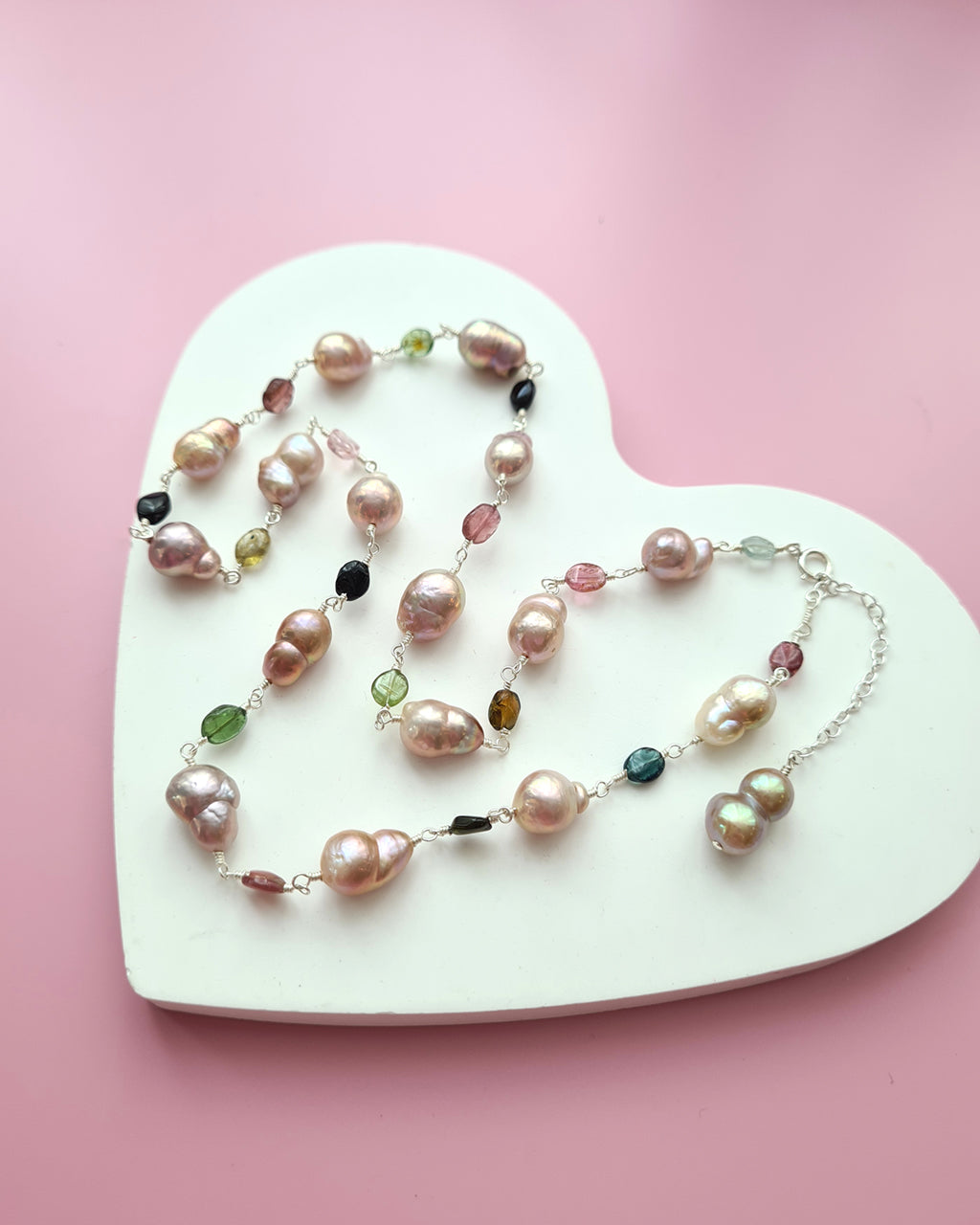 Metallic Baroque Pearl Necklace with Tourmaline Beads Sterling Silver Pearl Jewelry in Singapore