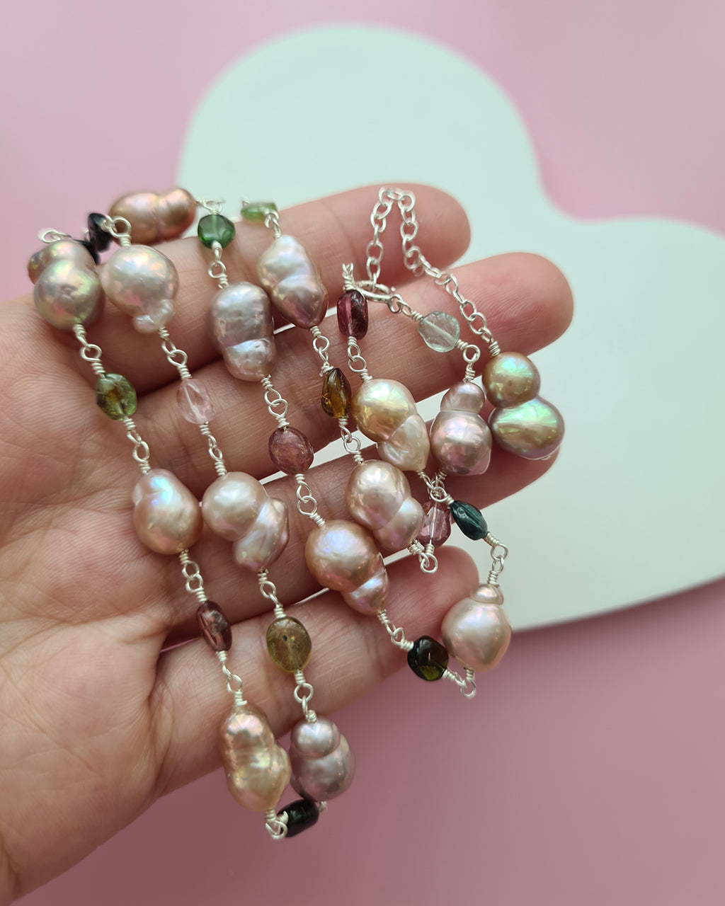 Metallic Baroque Pearl Necklace with Tourmaline Beads Sterling Silver Pearl Jewelry in Singapore