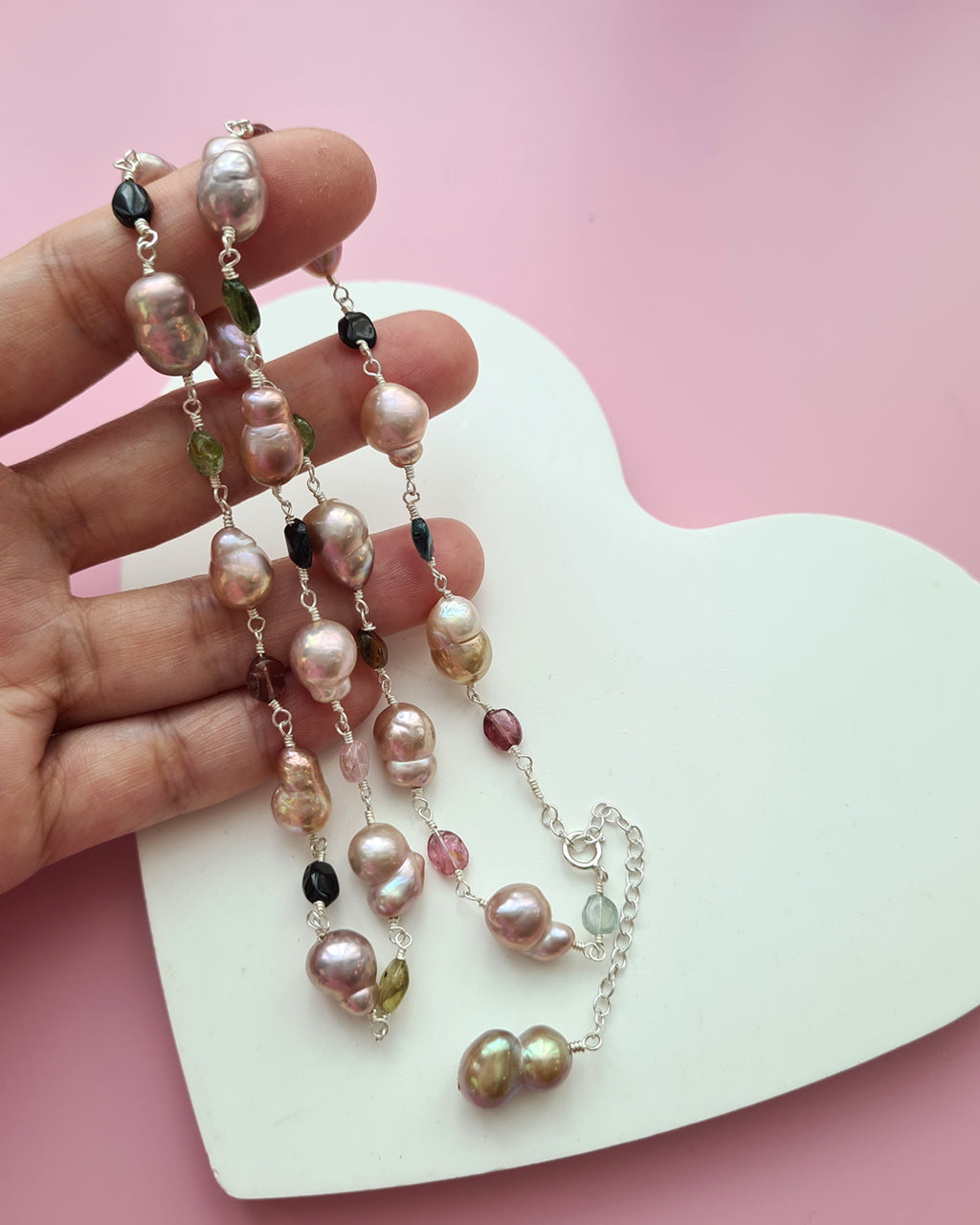 Metallic Baroque Pearl Necklace with Tourmaline Beads Sterling Silver Pearl Jewelry in Singapore