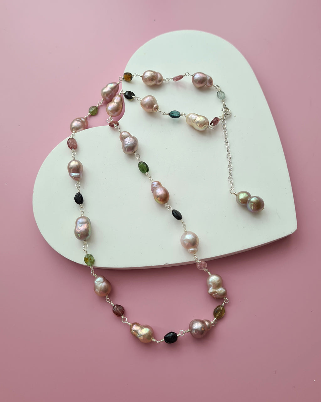 Metallic Baroque Pearl Necklace with Tourmaline Beads Sterling Silver Pearl Jewelry in Singapore