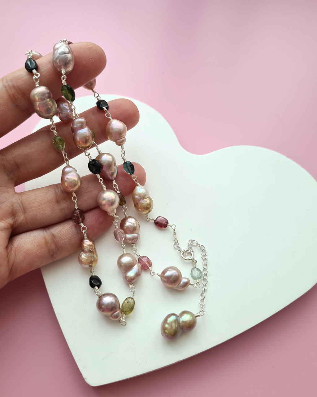 Metallic Baroque Pearl Necklace with Tourmaline Beads Sterling Silver Pearl Jewelry in Singapore
