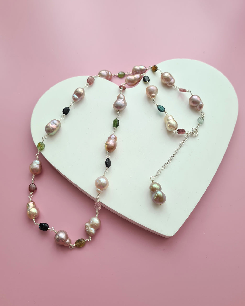 Metallic Baroque Pearl Necklace with Tourmaline Beads Sterling Silver Pearl Jewelry in Singapore