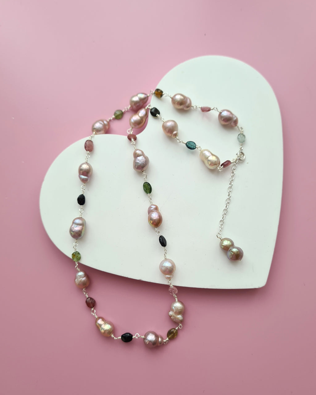 Metallic Baroque Pearl Necklace with Tourmaline Beads Sterling Silver Pearl Jewelry in Singapore
