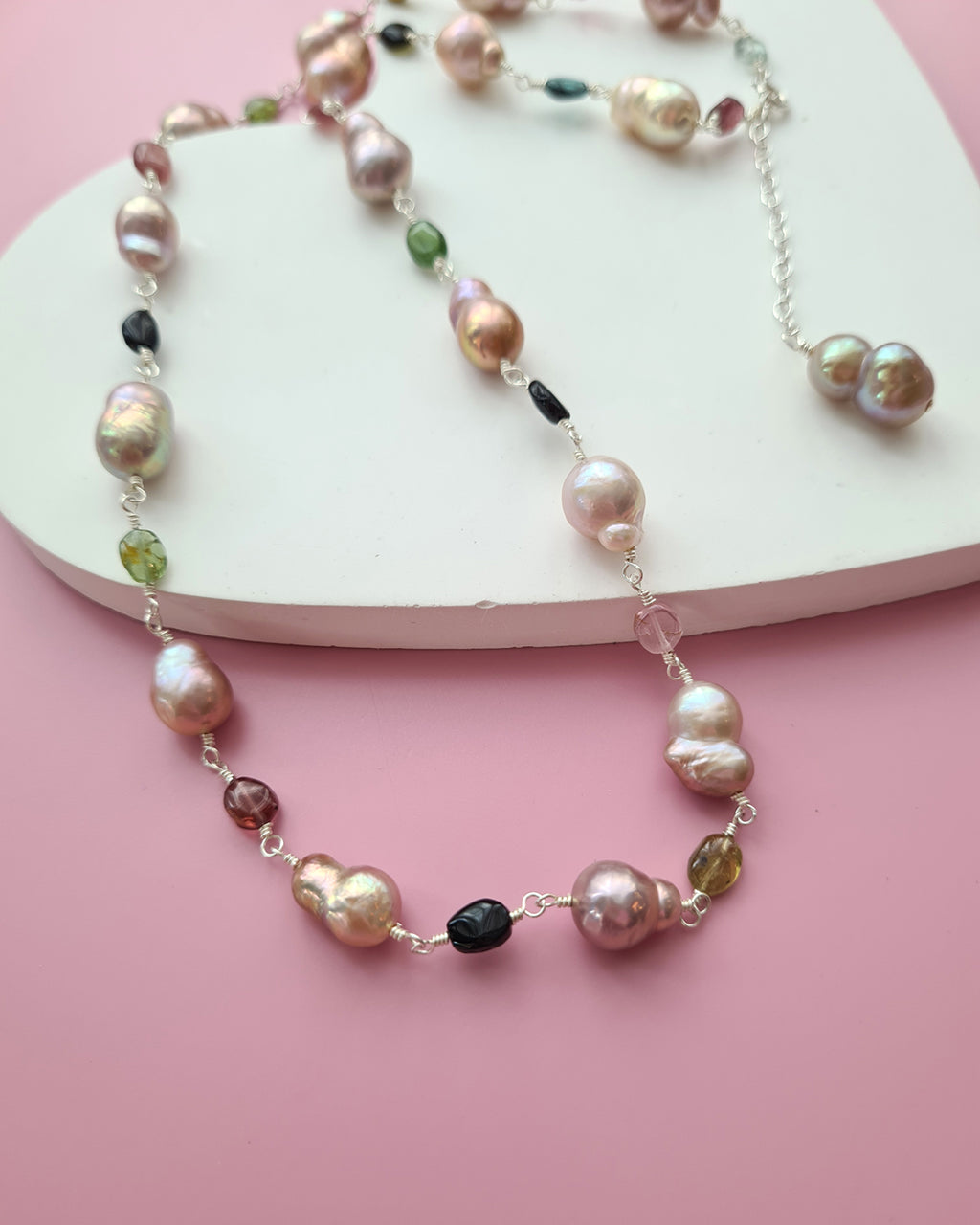 Metallic Baroque Pearl Necklace with Tourmaline Beads Sterling Silver Pearl Jewelry in Singapore