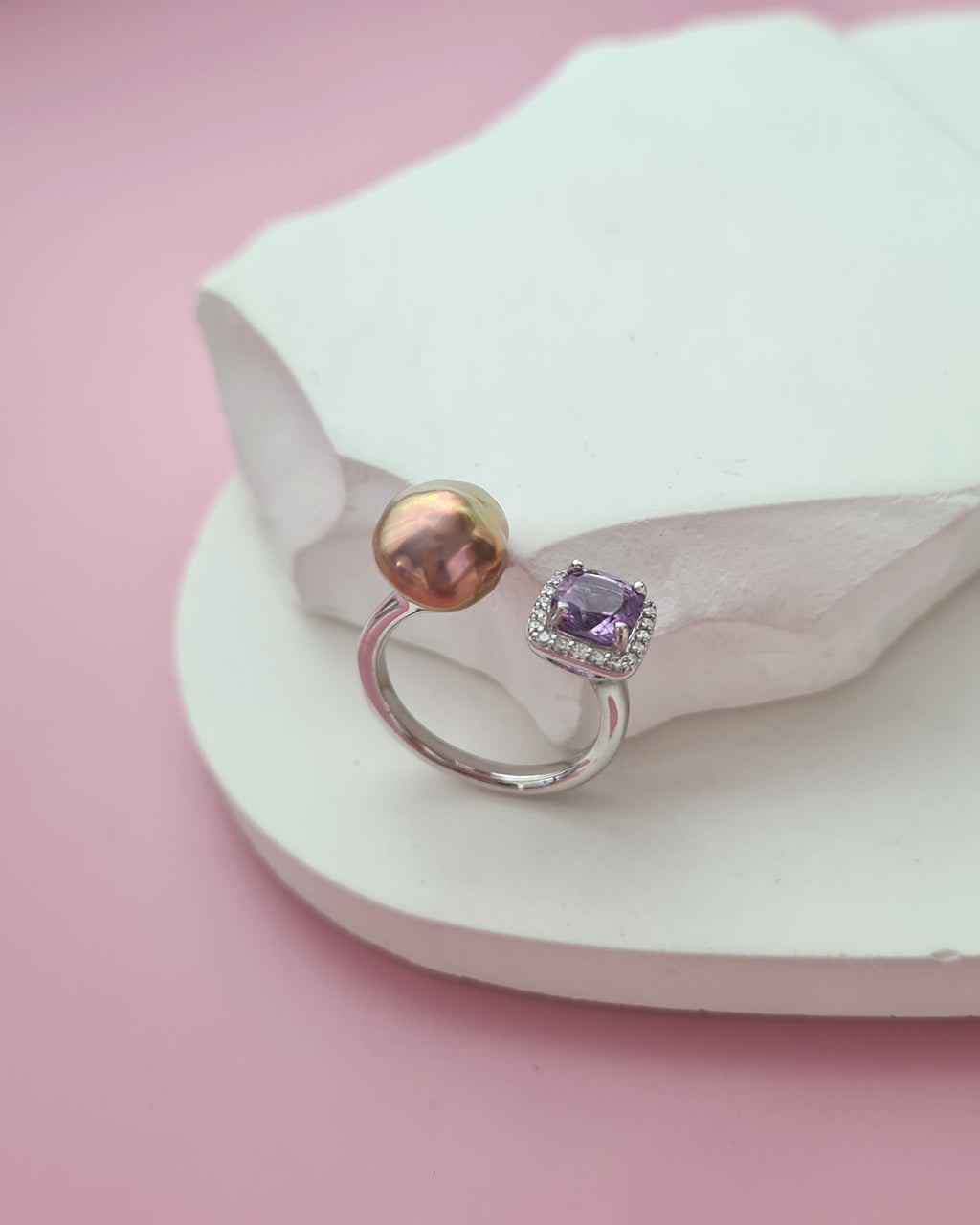 Metallic Keshi Pearl Open Ring - Amethyst