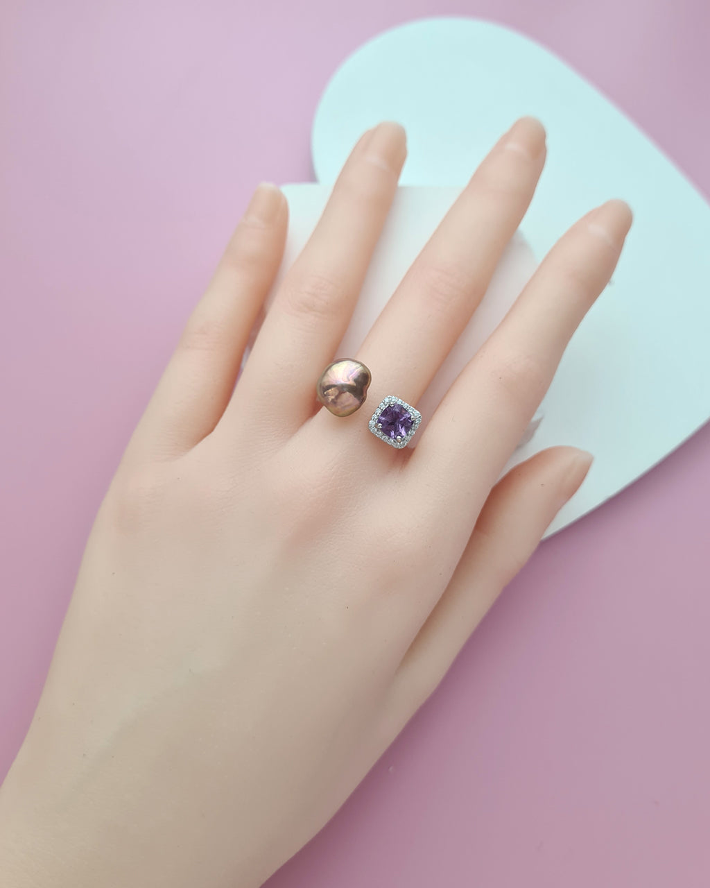 Metallic Keshi Pearl Open Ring - Amethyst