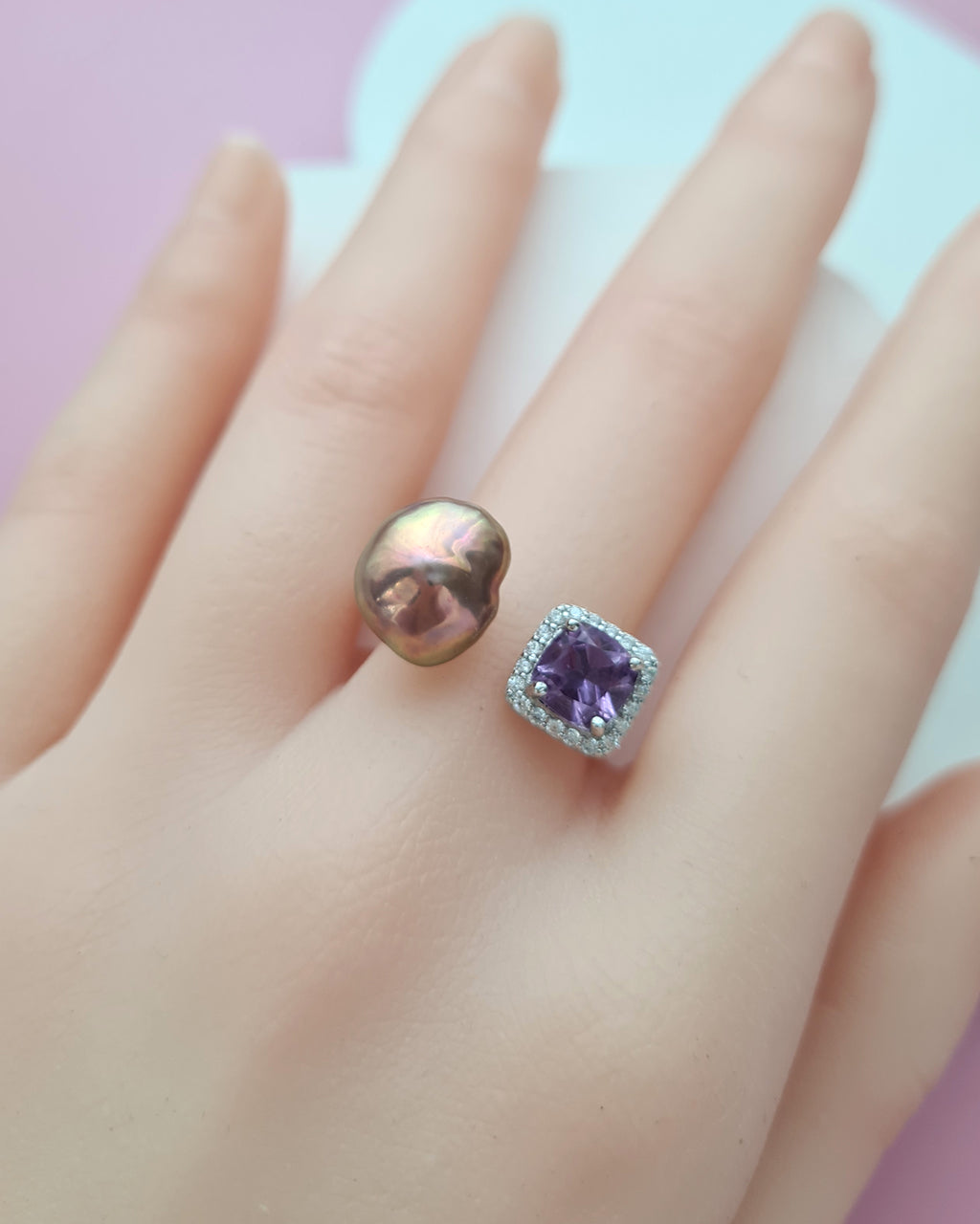 Metallic Keshi Pearl Open Ring - Amethyst