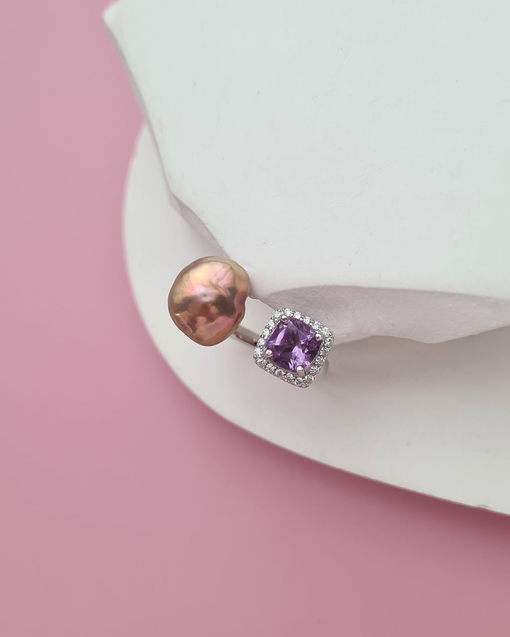 Metallic Keshi Pearl Open Ring - Amethyst
