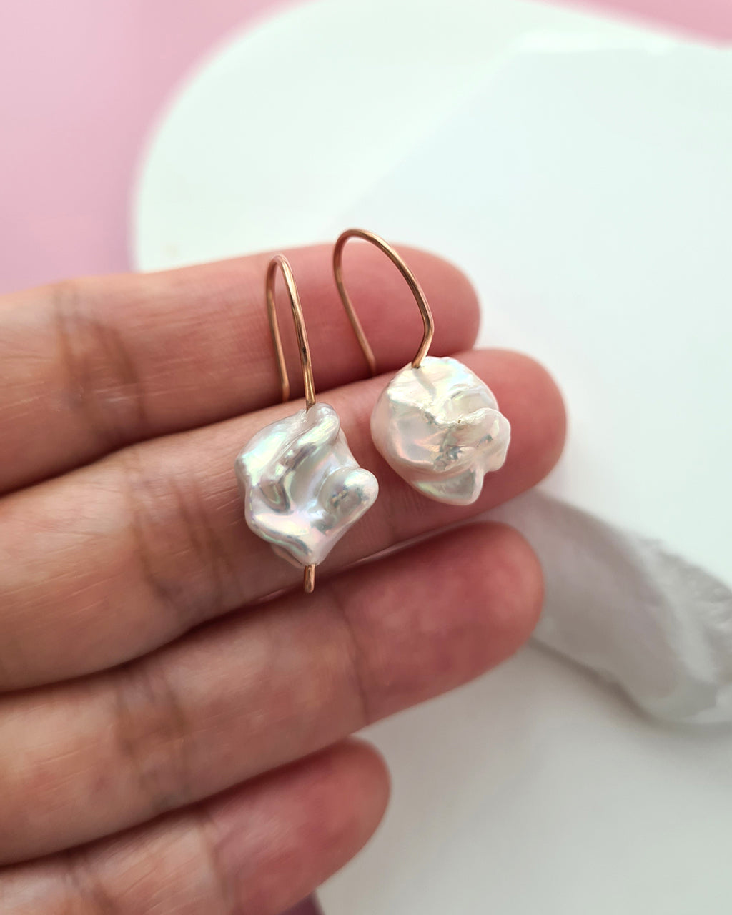 Metallic White Baroque Pearl Earrings - Minimalist in Rose Gold