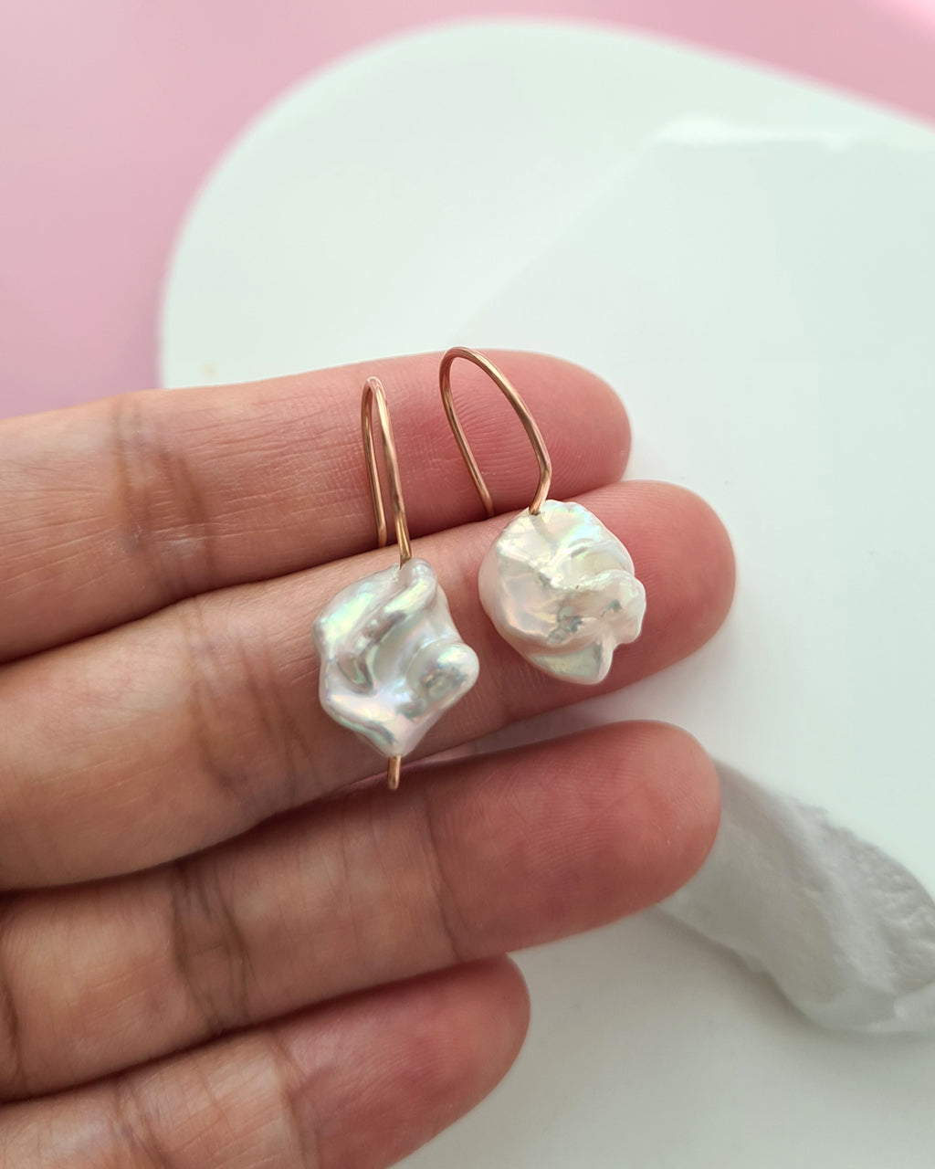 Metallic White Baroque Pearl Earrings - Minimalist in Rose Gold