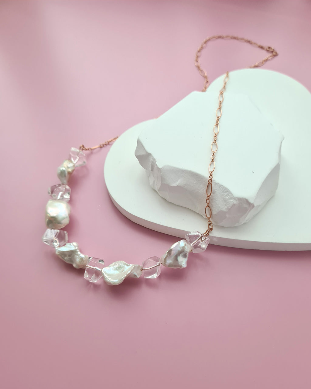 Metallic White Large Keshi Pearl Necklace - Minimalist in Rose Gold