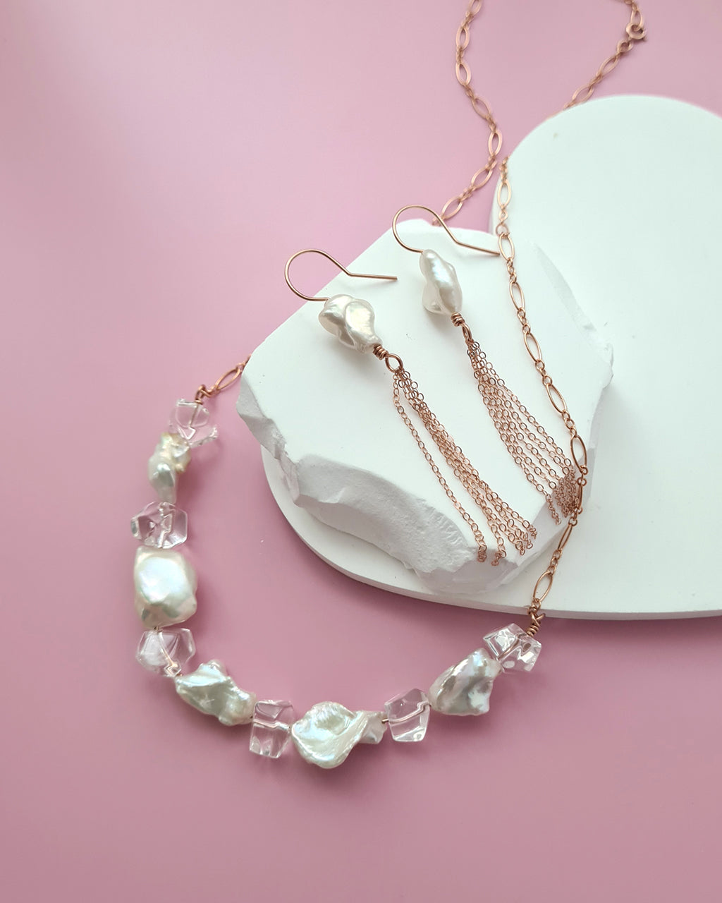 Metallic White Large Keshi Pearl Necklace - Minimalist in Rose Gold