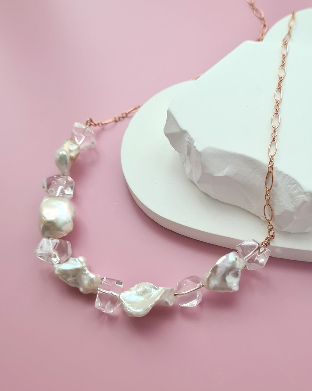 Metallic White Large Keshi Pearl Necklace - Minimalist in Rose Gold