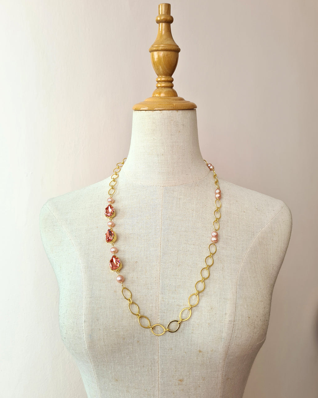 Peach Pink Crystal and Pearl Gold Chain Long Necklace | Chunky Gold Chain Long Necklace