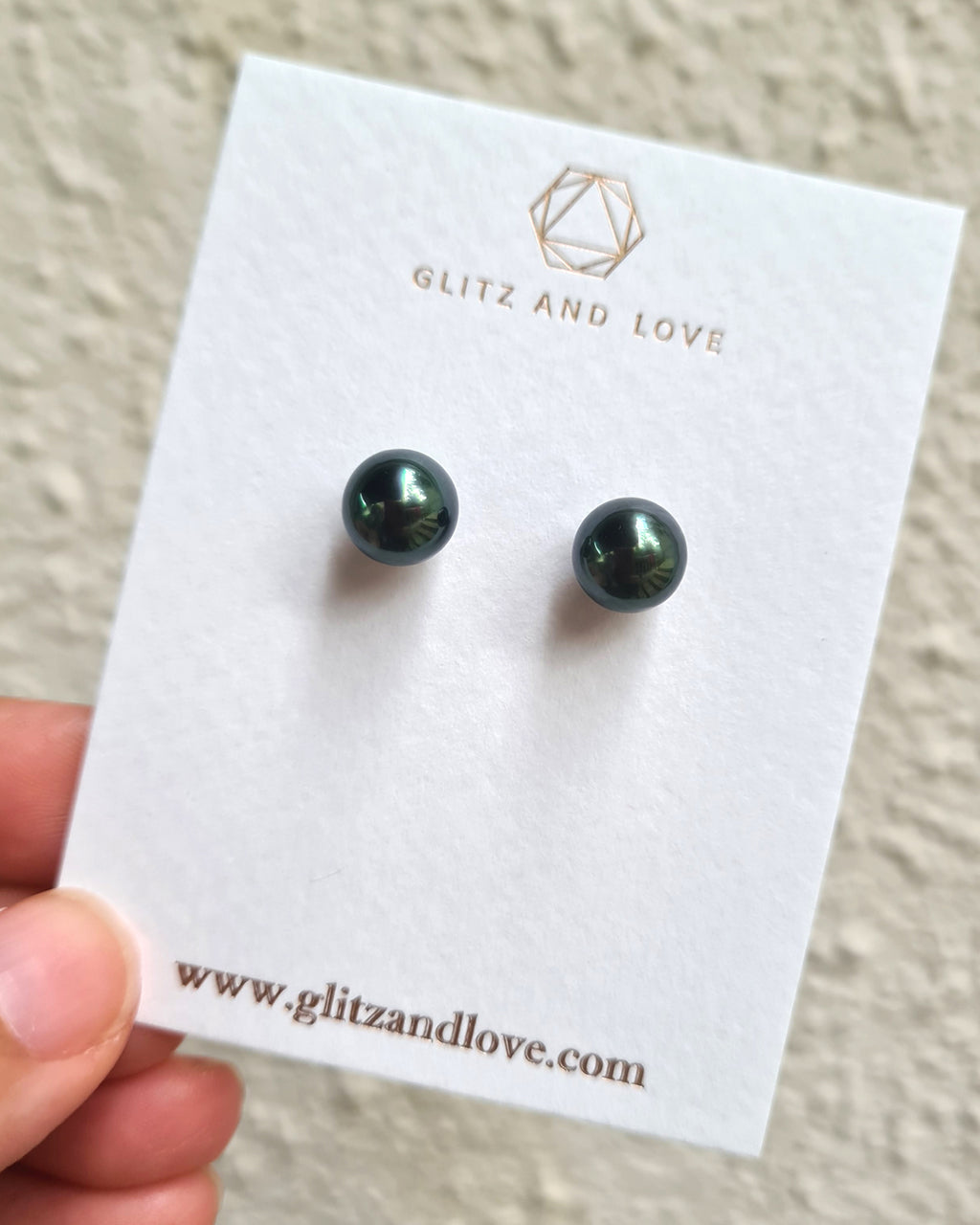 Peacock Green Tahitian Pearl 18K Gold Stud Earrings - 8.6mm to 8.7mm | Simple Pearl Gold Jewelry