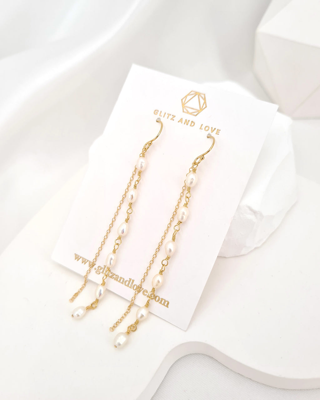 Tiny Pearl Long Earrings, Freshwater Pearl Earrings 14k gold filled jewelry handmade in Singapore
