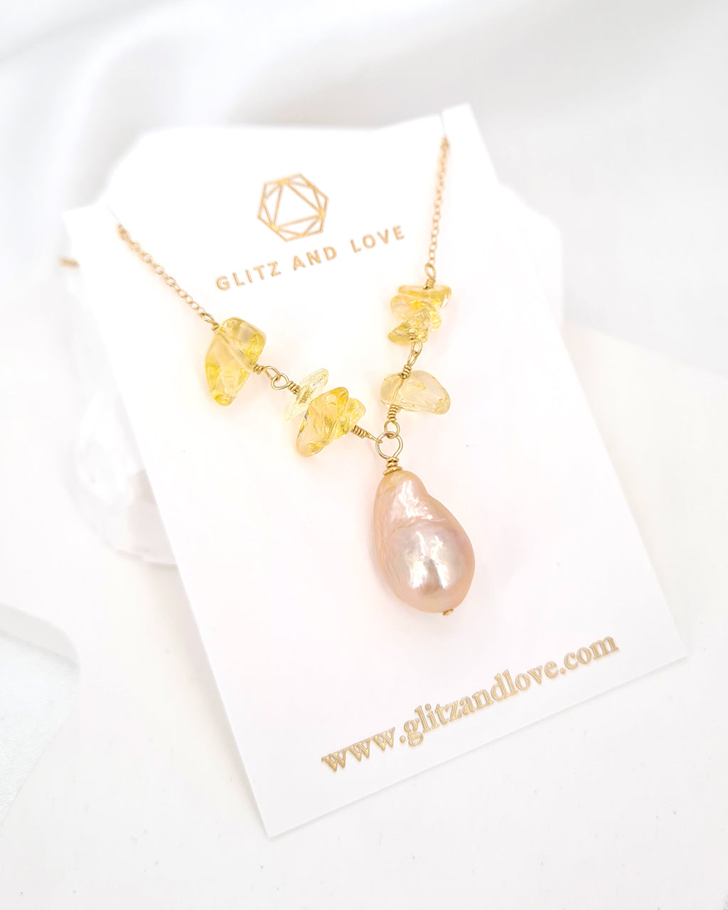 Teardrop Pearl Necklace with Citrine Gemstone Earrings Handmade in Singapore