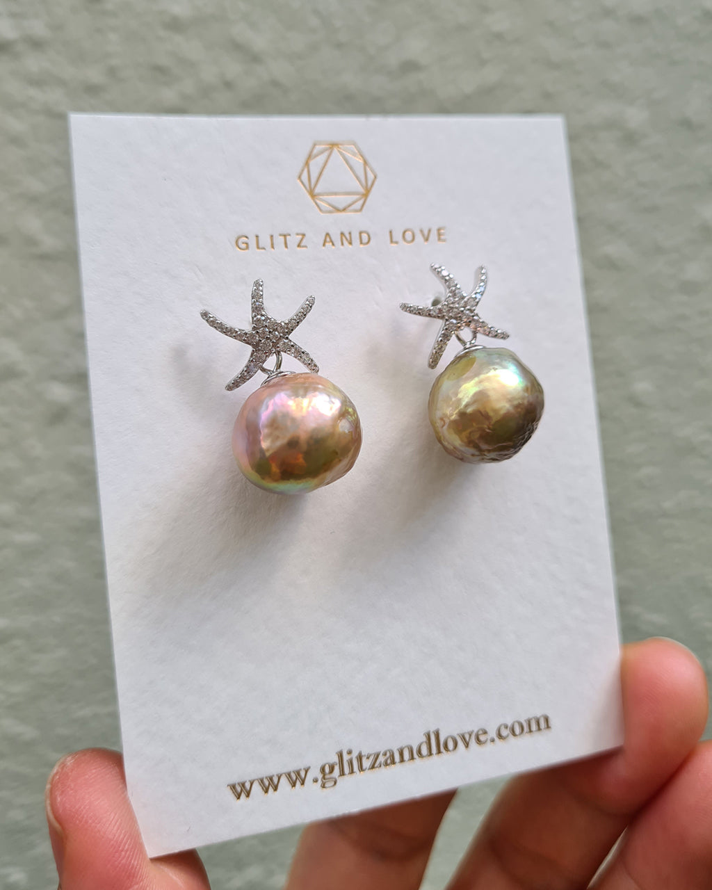Wrinkled Pearl Earrings - Starfish & Metallic Green Pearl Earrings, Pearl Jewelry for Pearl Lovers