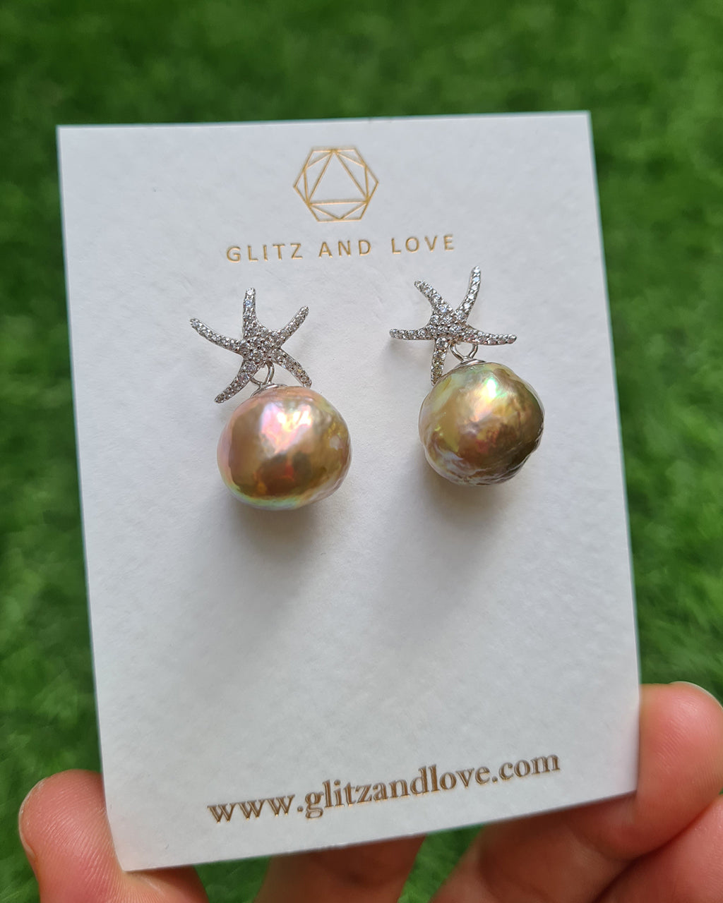 Wrinkled Pearl Earrings - Starfish & Metallic Green Pearl Earrings, Pearl Jewelry for Pearl Lovers