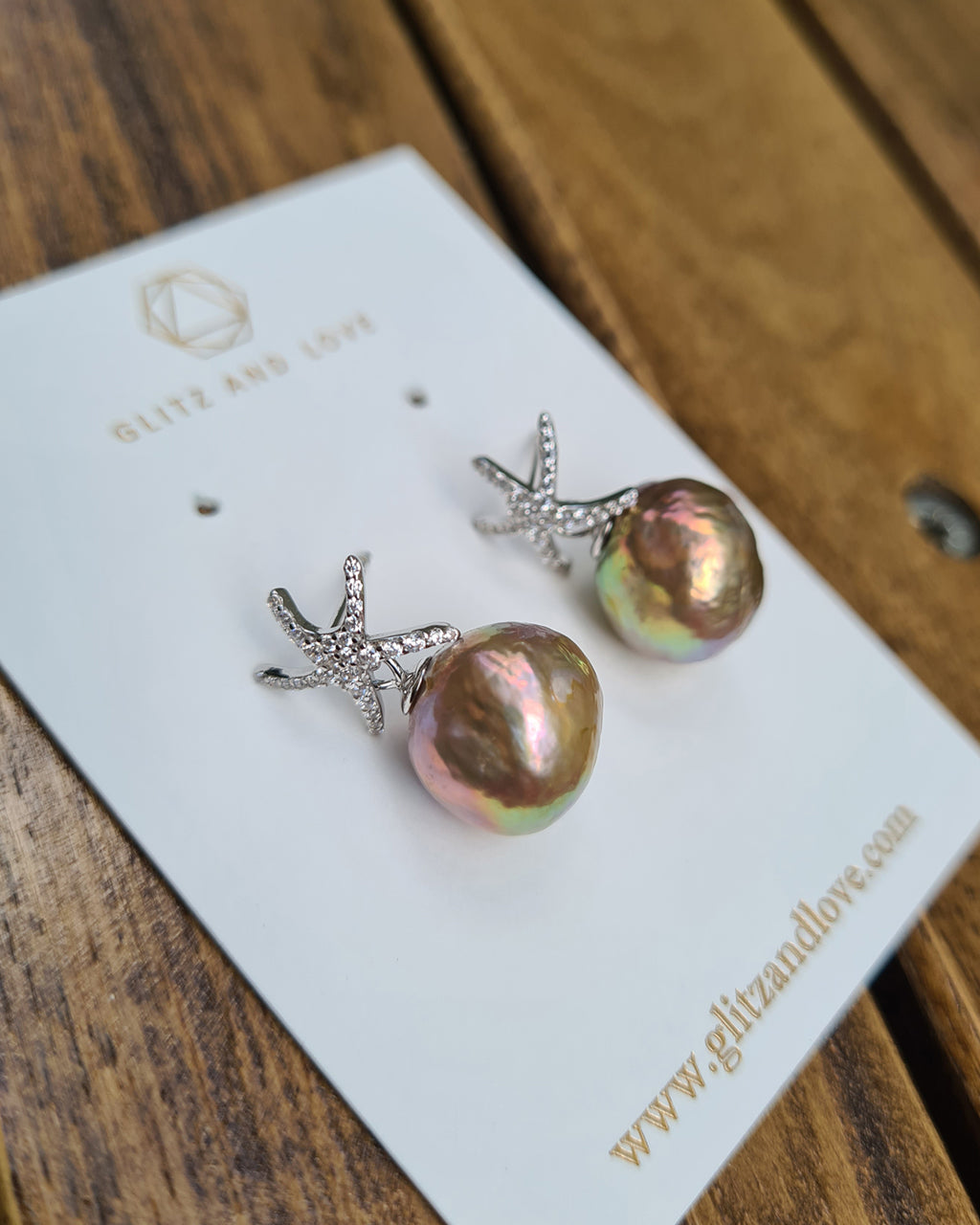 Wrinkled Pearl Earrings - Starfish & Metallic Green Pearl Earrings, Pearl Jewelry for Pearl Lovers