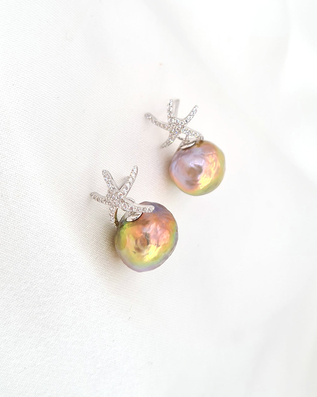 Wrinkled Pearl Earrings - Starfish & Metallic Green Pearl Earrings, Pearl Jewelry for Pearl Lovers