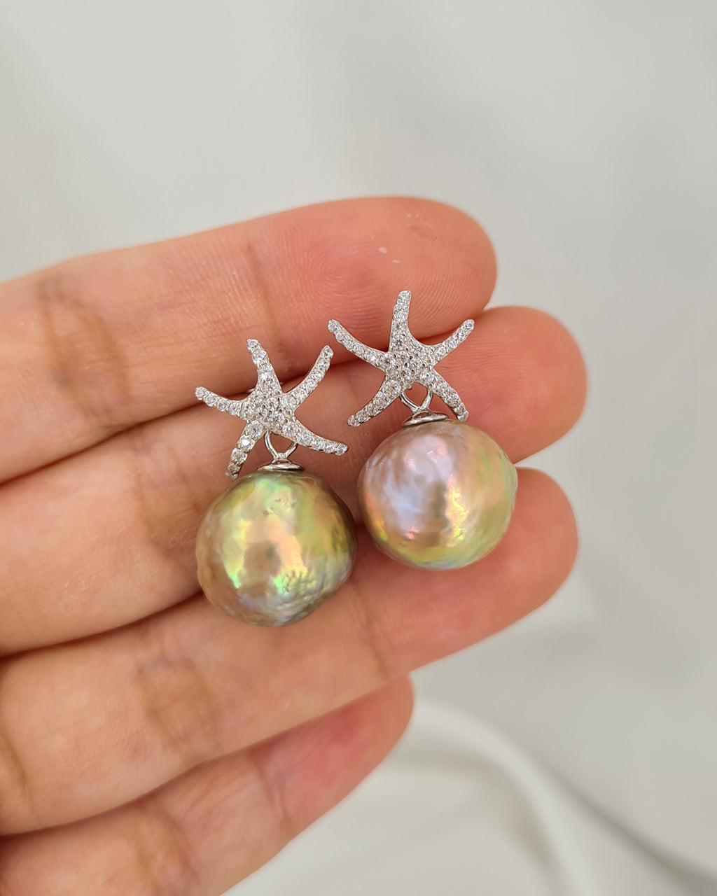 Wrinkled Pearl Earrings - Starfish & Metallic Green Pearl Earrings, Pearl Jewelry for Pearl Lovers