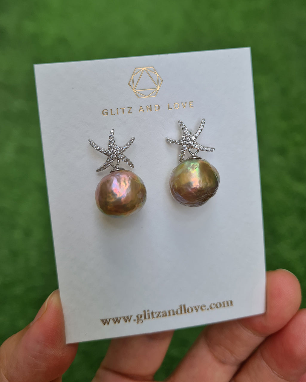 Wrinkled Pearl Earrings - Starfish & Metallic Green Pearl Earrings, Pearl Jewelry for Pearl Lovers