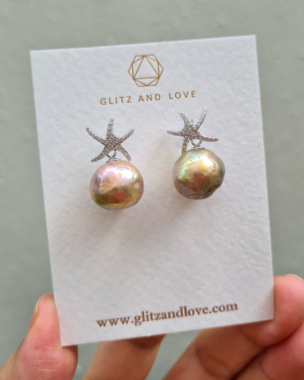 Wrinkled Pearl Earrings - Starfish & Metallic Green Pearl Earrings, Pearl Jewelry for Pearl Lovers