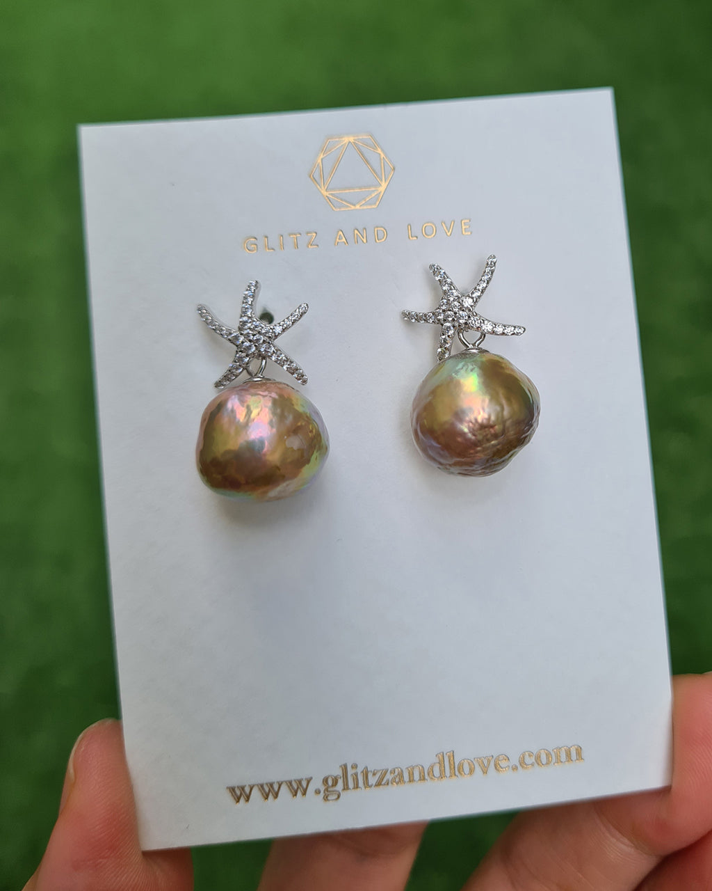 Wrinkled Pearl Earrings - Starfish & Metallic Green Pearl Earrings, Pearl Jewelry for Pearl Lovers