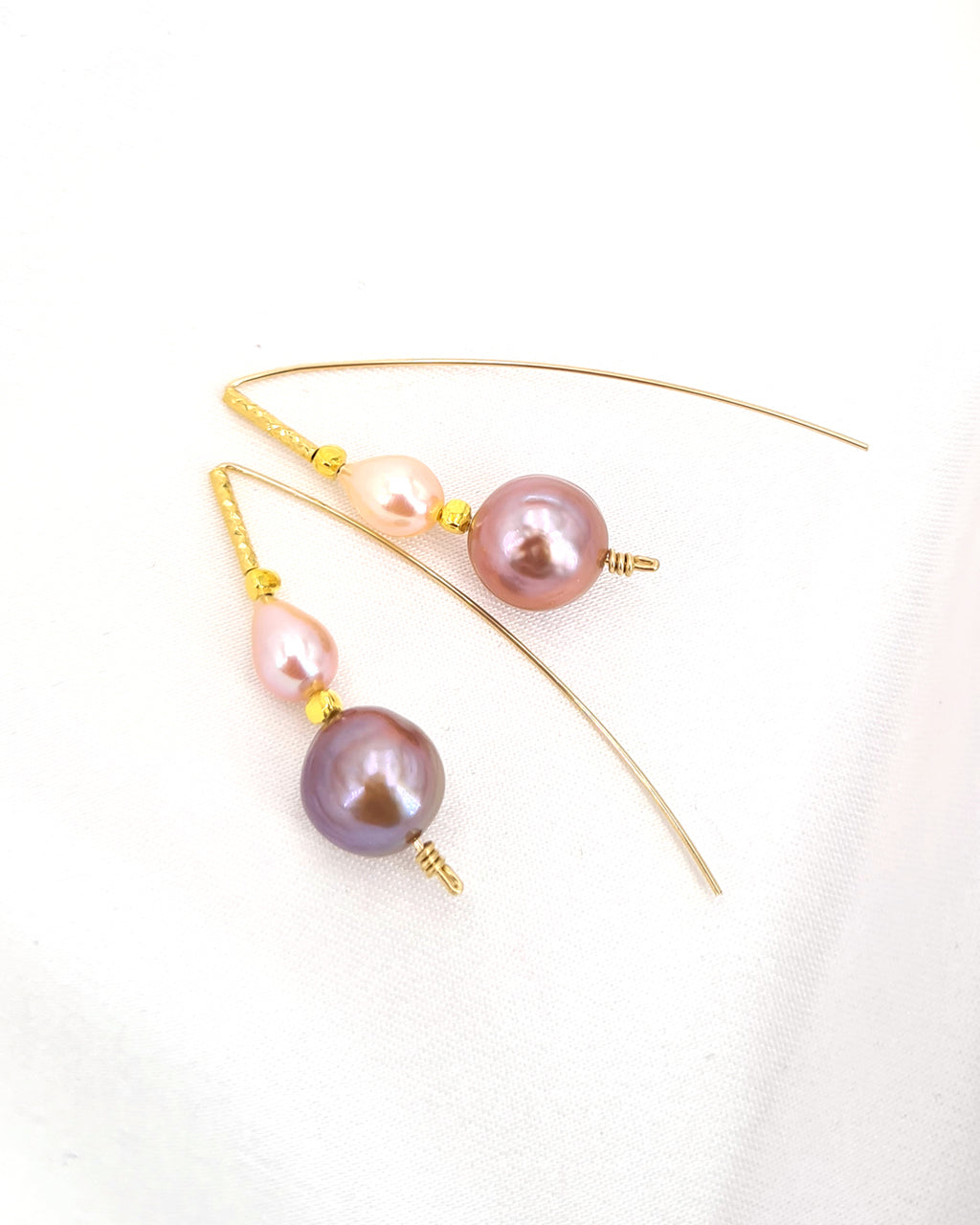 Pearl Earrings - Golden Peach and Purple Freshwater Pearl Earrings | Handmade in Singapore