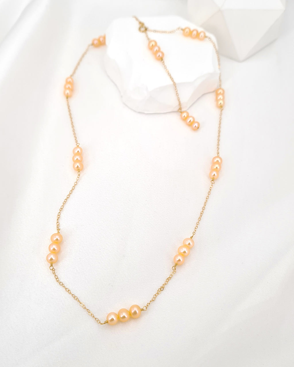 Pearl Floating Station Necklace - Peach Fuzz Pink Freshwater Pearl