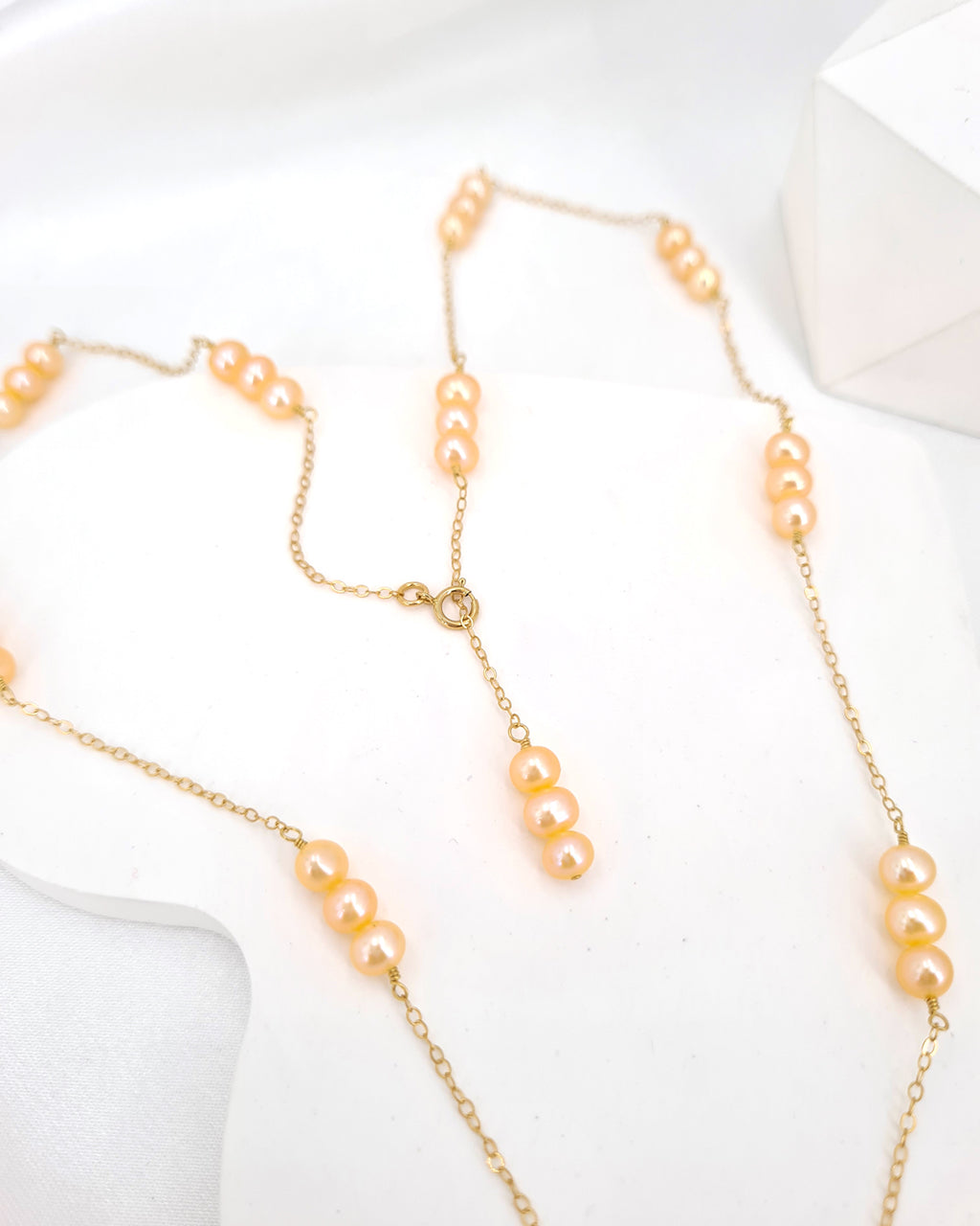 Pearl Floating Station Necklace - Peach Fuzz Pink Freshwater Pearl Necklace