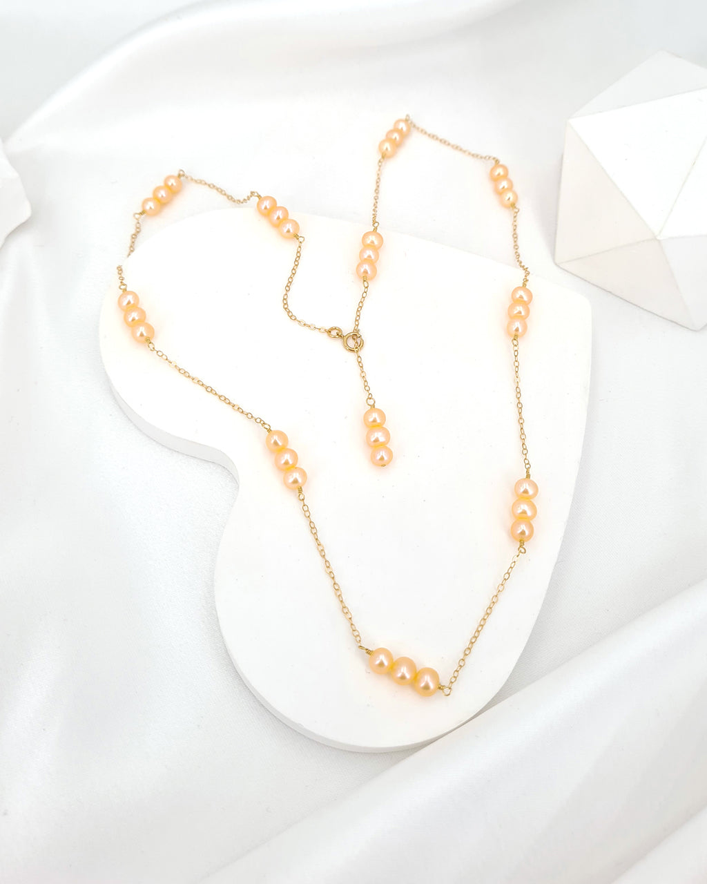 Pearl Floating Station Necklace - Peach Fuzz Pink Freshwater Pearl Necklace Gifts for Her