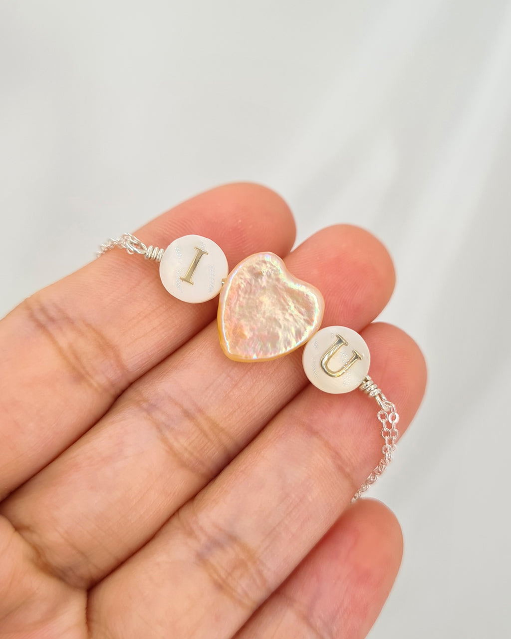 Personalised Letter Bracelet with Heart Pearl Sterling Silver Glitz And Love