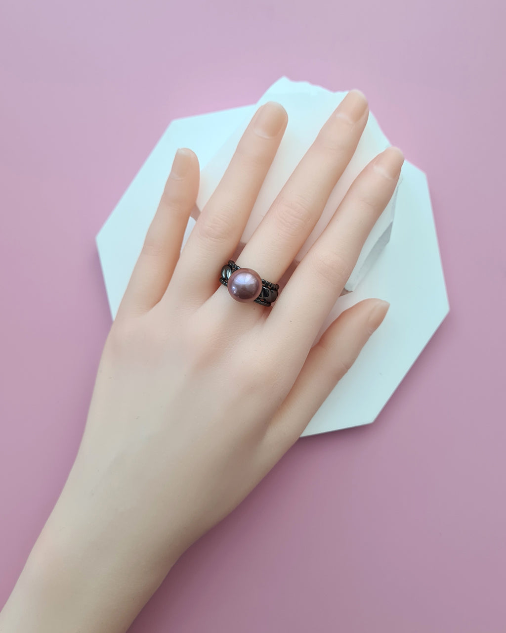 Pink Purple Edison Pearl Black Ring, Modern Pearl Jewelry in Singapore