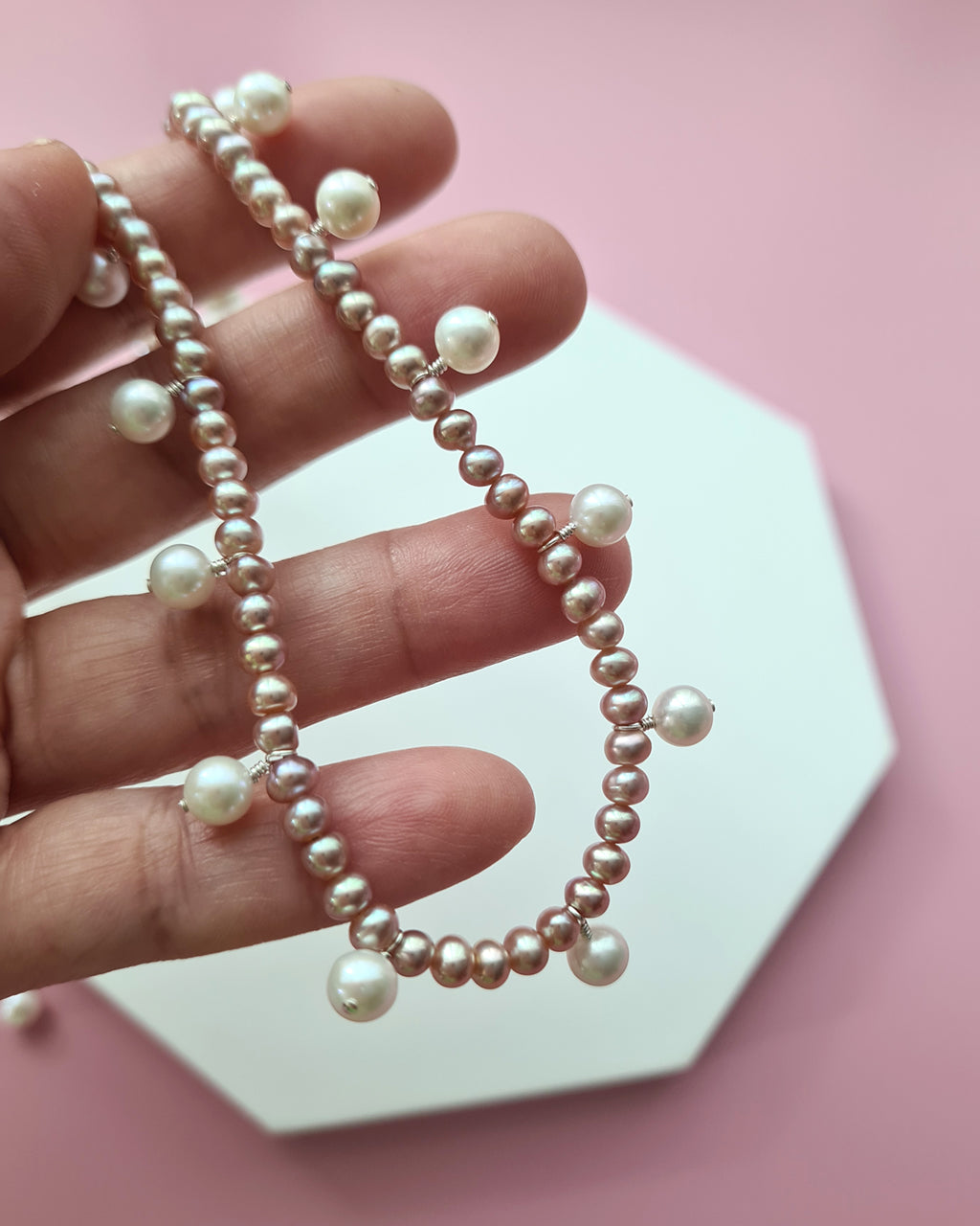 Pink Keshi Pearl and White Pearl Strand Necklace, Modern Pearl Jewelry handmade in Singapore