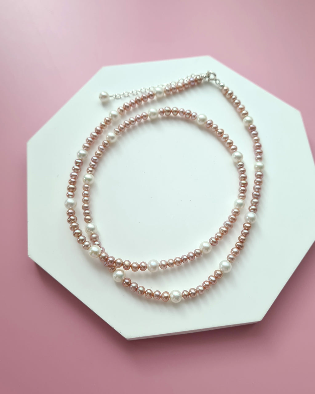 Pink Keshi Pearl and White Pearl Strand Necklace