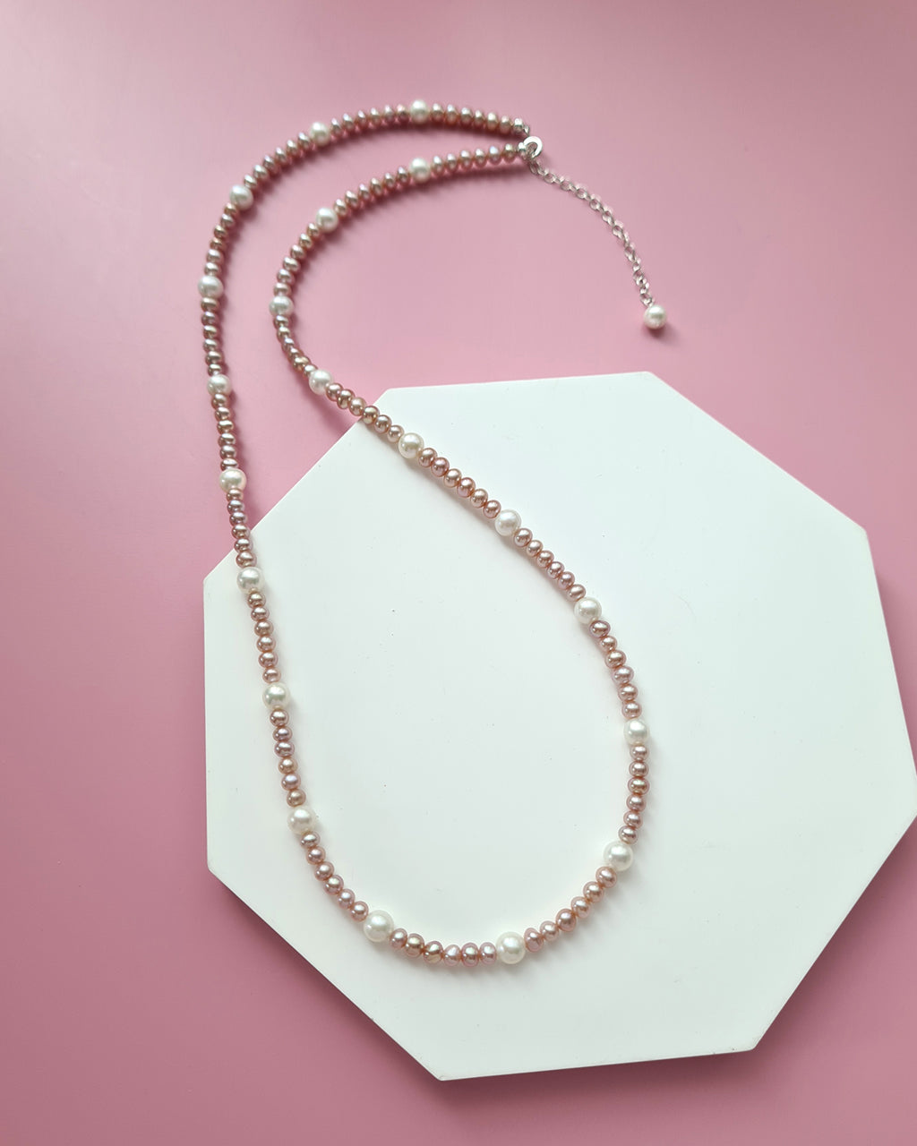 Pink Keshi Pearl and White Pearl Strand Necklace