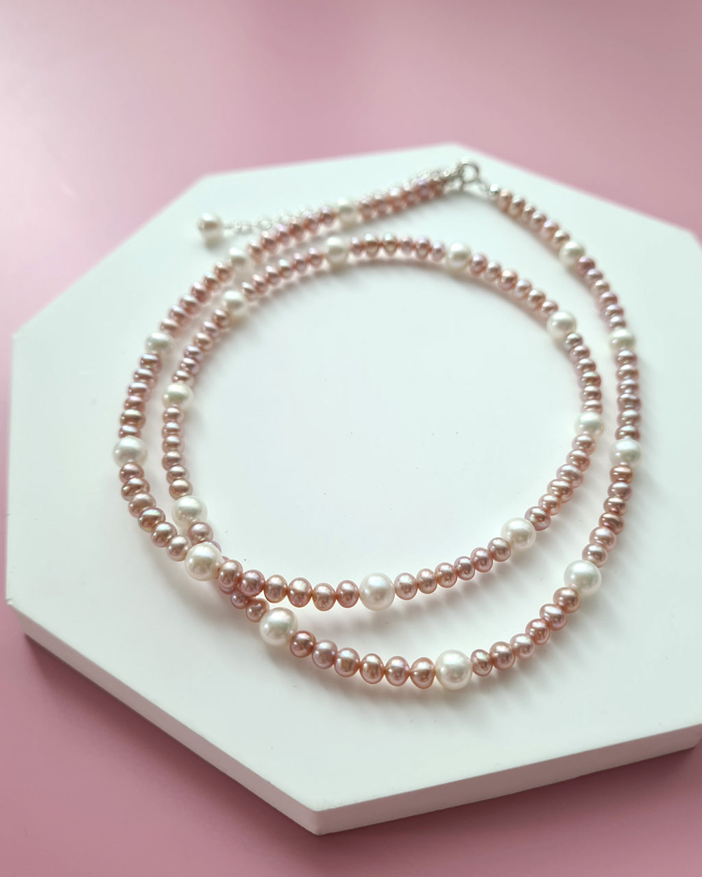 Pink Keshi Pearl and White Pearl Strand Necklace