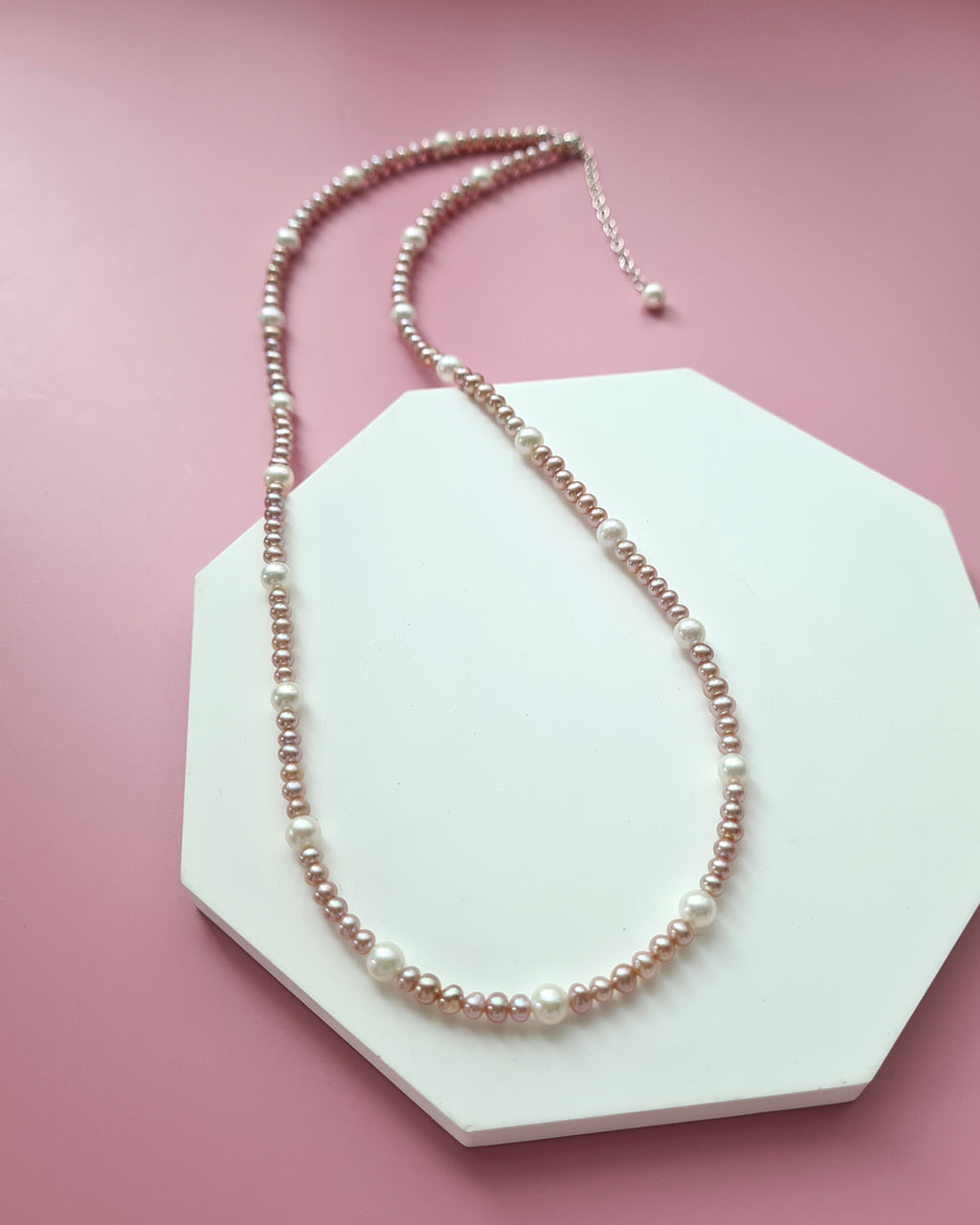 Pink Keshi Pearl and White Pearl Strand Necklace