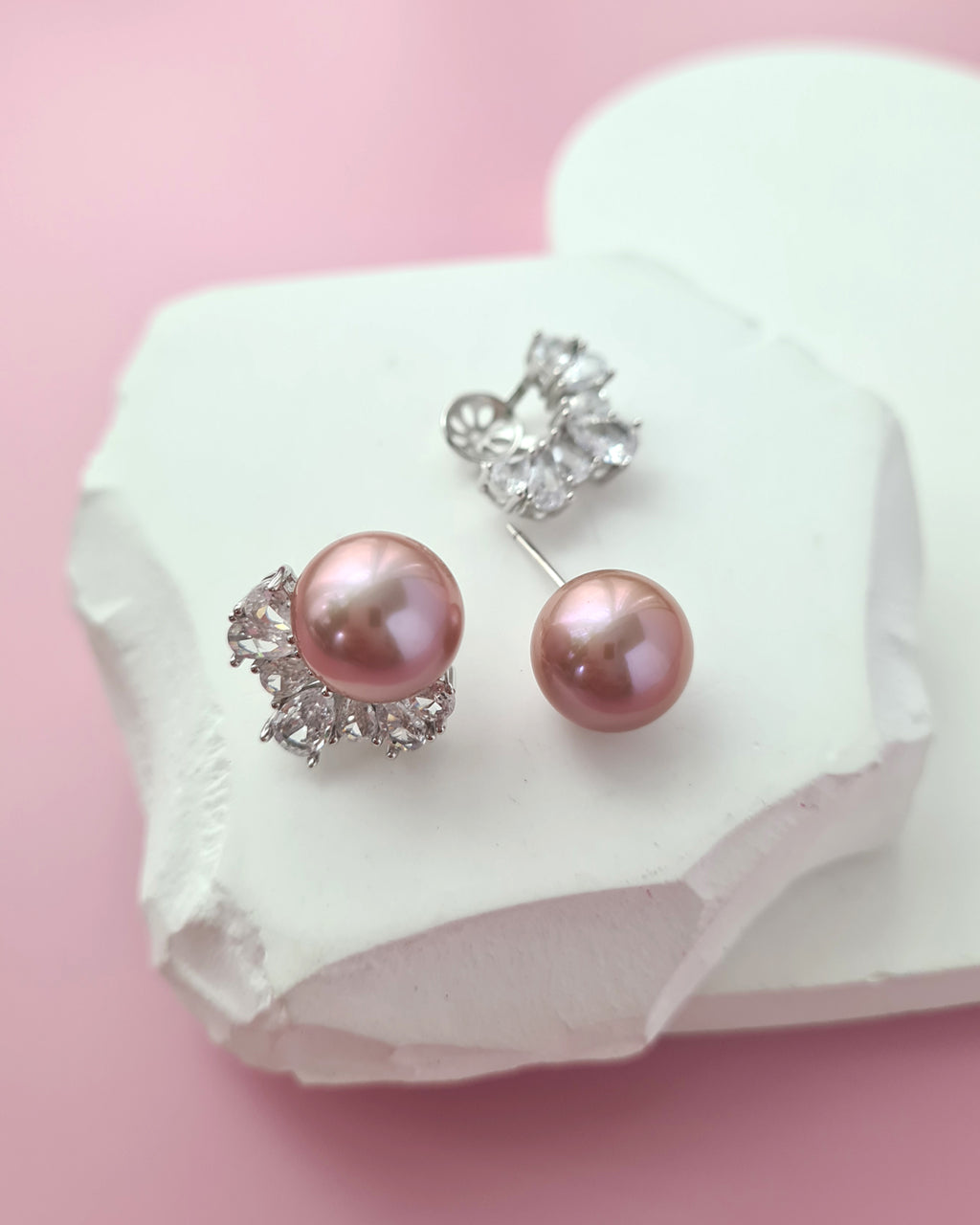 Pinkish Purple Edison Pearl Stud Earrings with Cubic Zirconia Jackets, Pearl Jewelry in Singapore