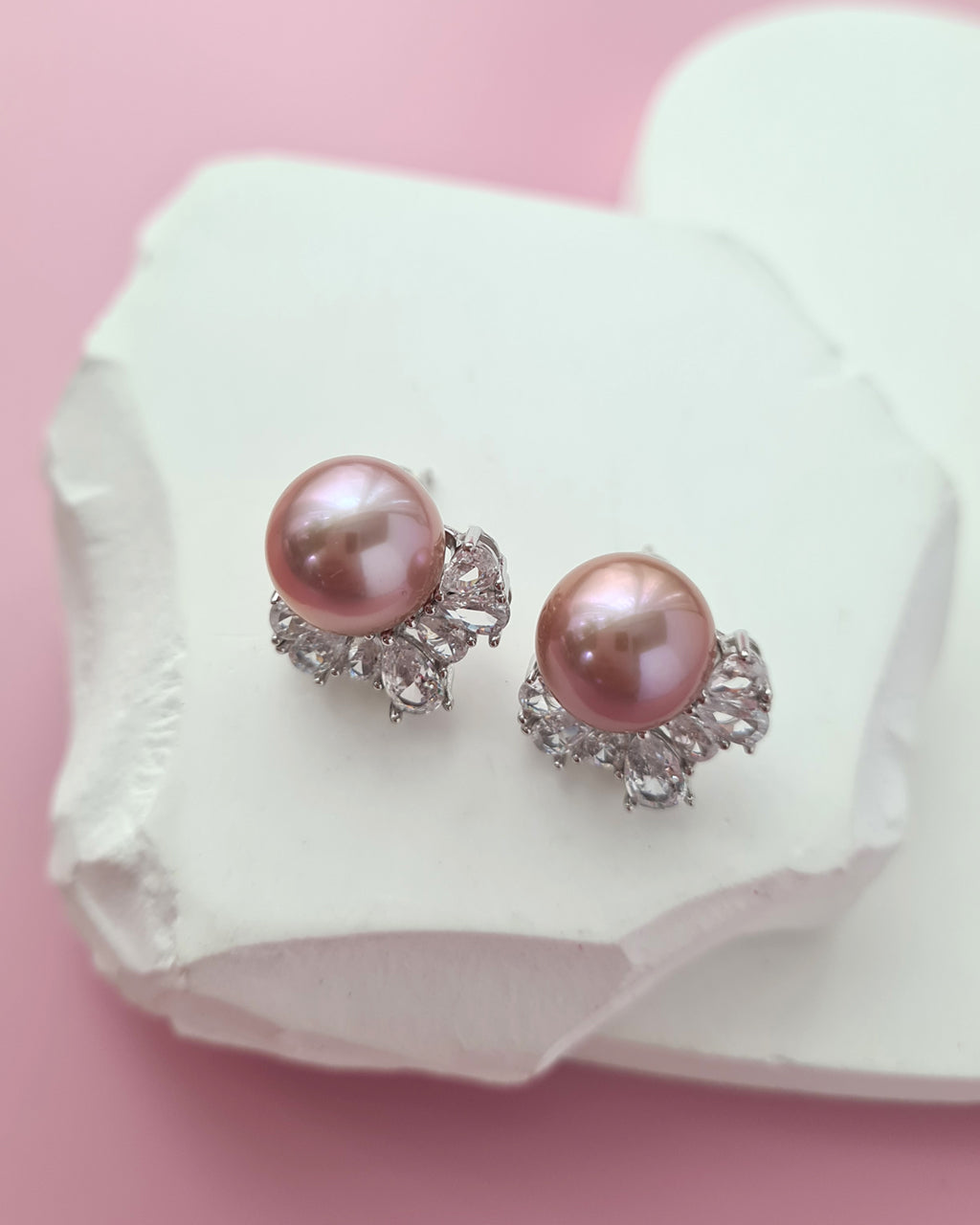 Pinkish Purple Edison Pearl Stud Earrings with Cubic Zirconia Jackets, Pearl Jewelry in Singapore
