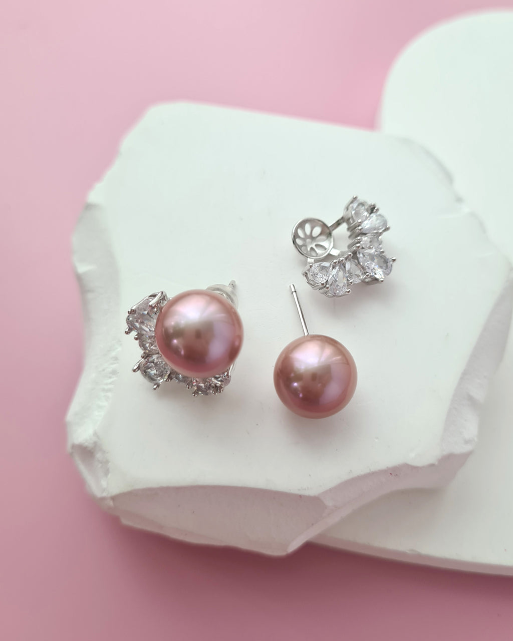 Pinkish Purple Edison Pearl Stud Earrings with Cubic Zirconia Jackets, Pearl Jewelry in Singapore