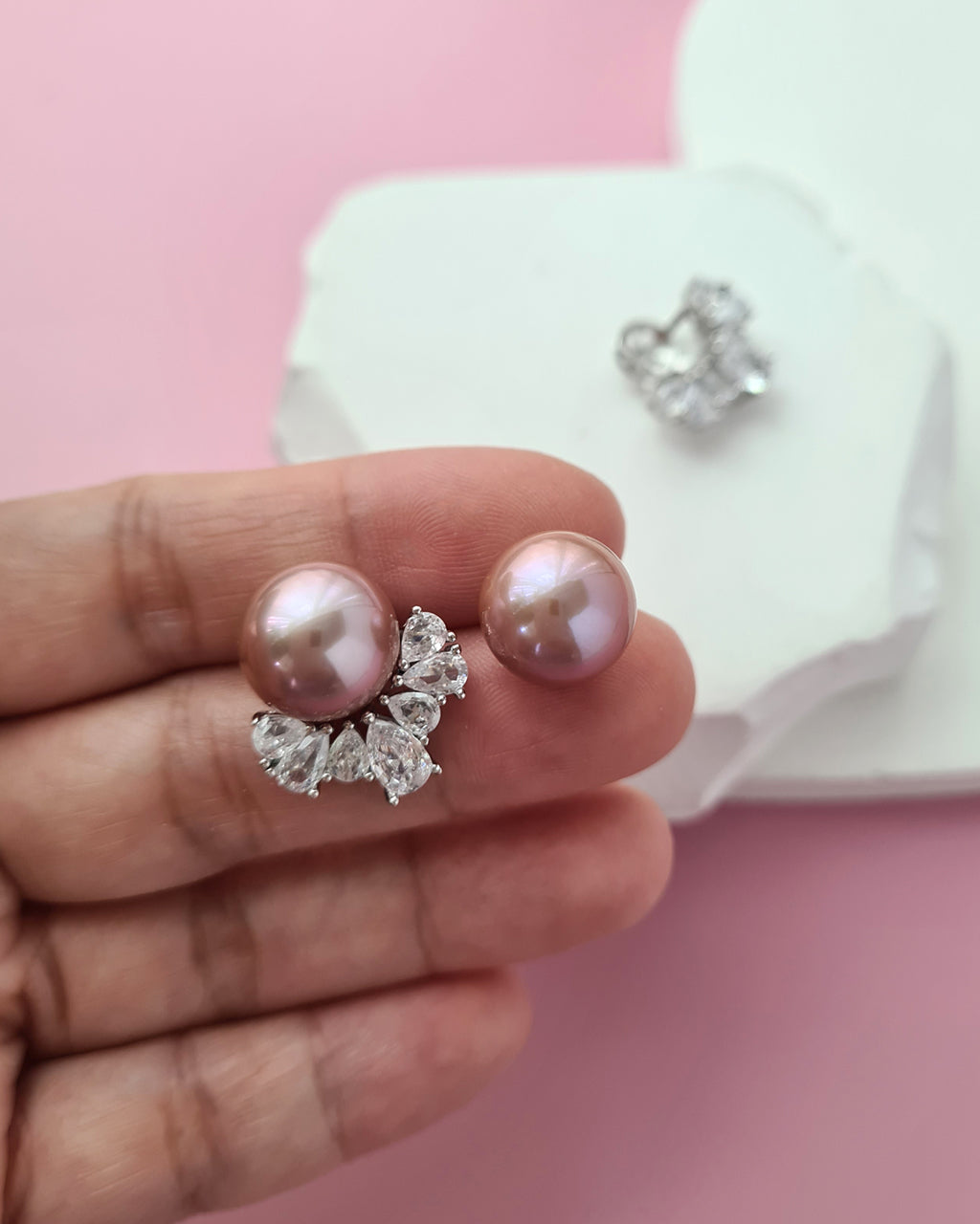 Pinkish Purple Edison Pearl Stud Earrings with Cubic Zirconia Jackets, Pearl Jewelry in Singapore