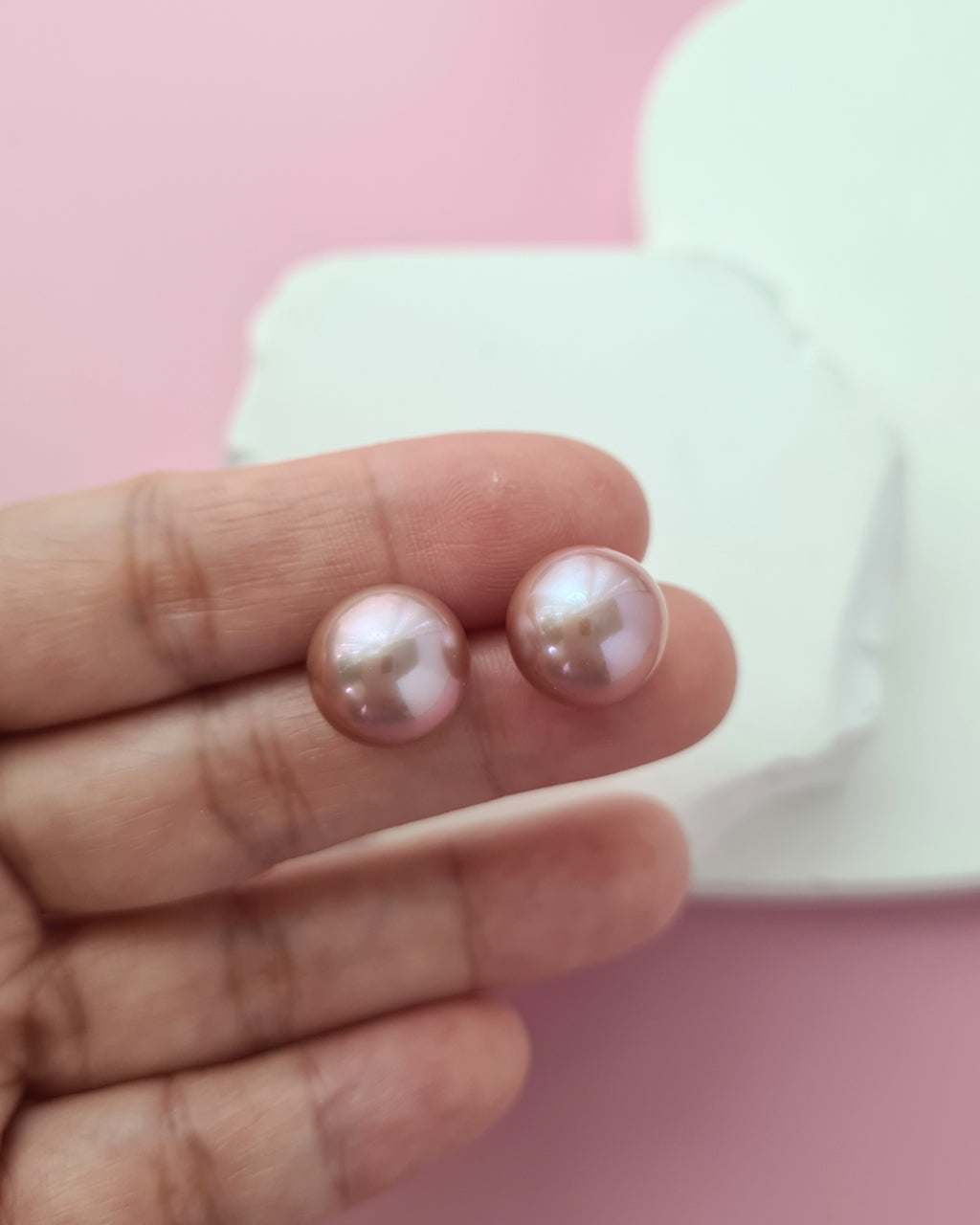 Pinkish Purple Edison Pearl Stud Earrings with Cubic Zirconia Jackets, Pearl Jewelry in Singapore