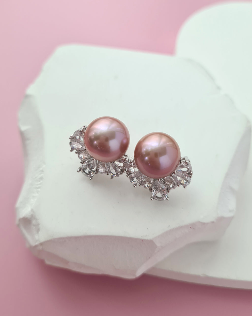 Pinkish Purple Edison Pearl Stud Earrings with Cubic Zirconia Jackets, Pearl Jewelry in Singapore